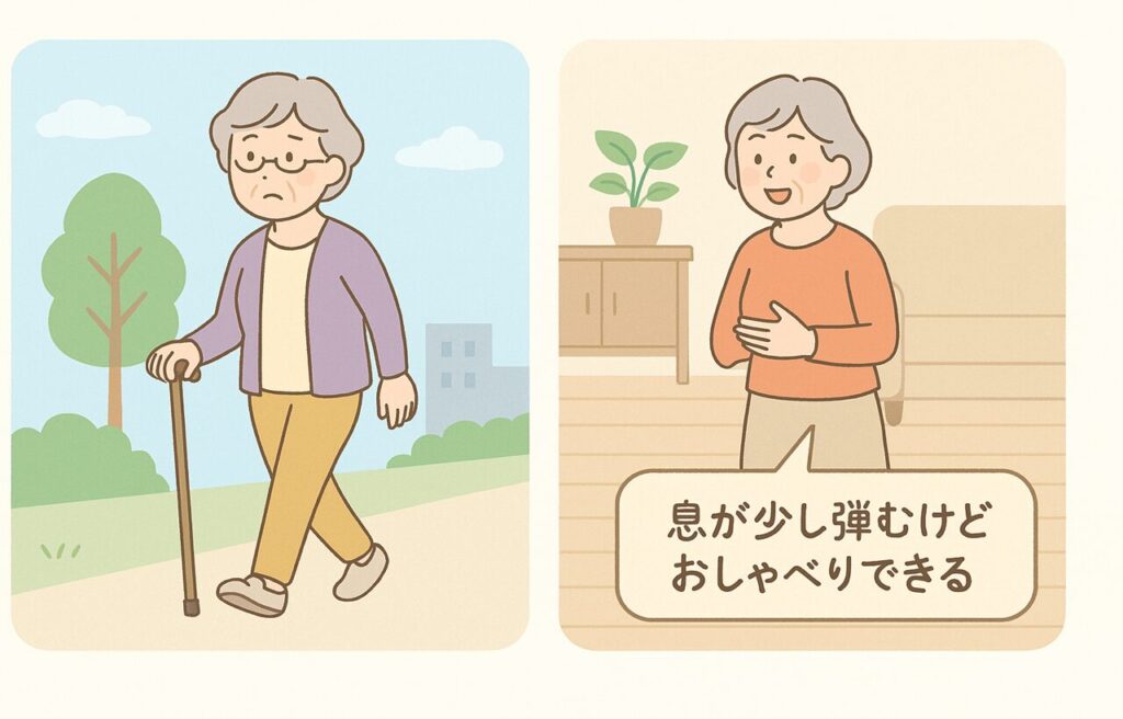 高齢者が安心して取り組める運動を示す2コマ構成のイラスト。左側では高齢の男女がゆっくりと散歩しながら会話を楽しんでおり、右側では自宅のリビングで椅子に座って手足を軽く動かす様子が描かれている。背景は明るく穏やかな雰囲気で、体力に自信がない人にも取り組みやすい運動のイメージを伝えている。